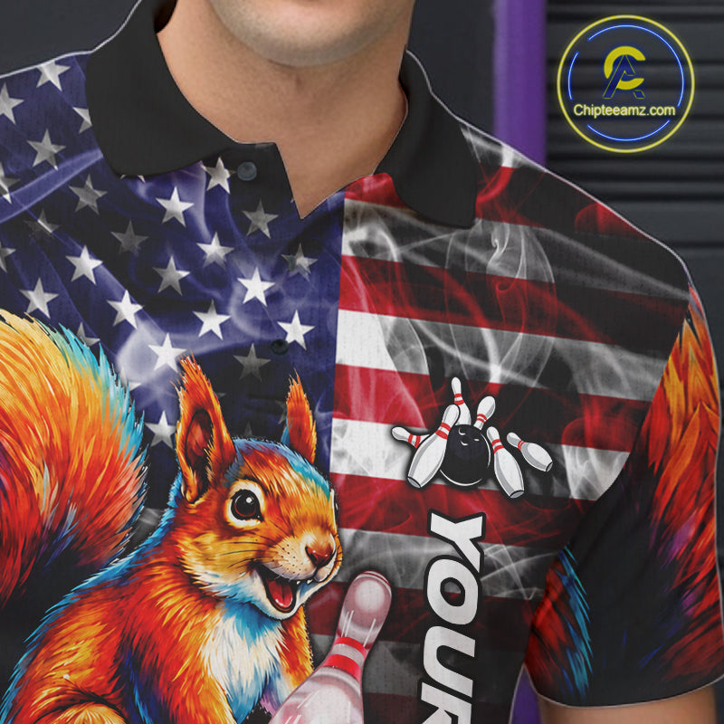 Close Up Of Smoke American Flag Squirrel Bowling Polo Shirt Collar Chest And Button Details