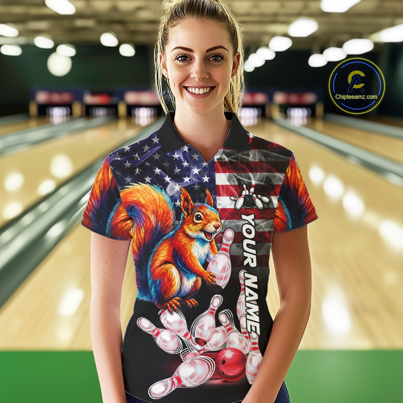 Woman Wearing Smoke American Flag Squirrel Bowling Polo Shirt Front View Custom Patriotic Bowling Jersey