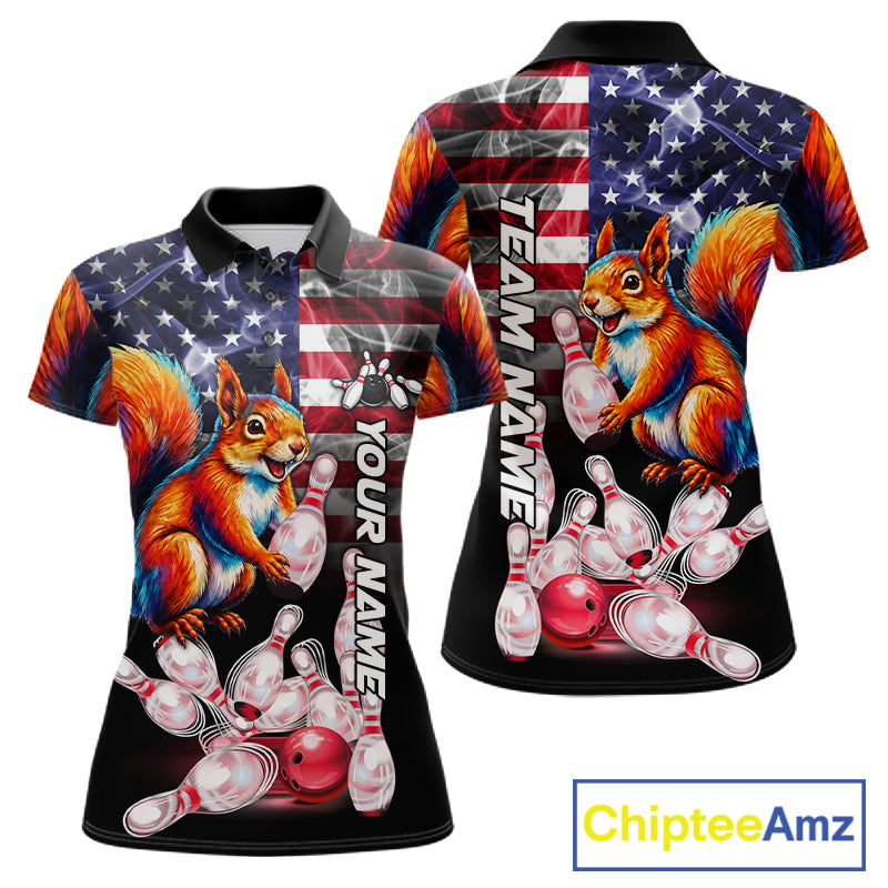Smoke American Flag Squirrel Bowling Custom Polo Shirt For Women Patriotic Bowling League Team Jersey