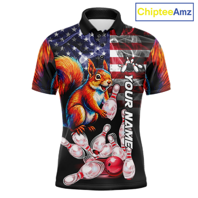 Smoke American Flag Squirrel Bowling Polo Shirt For Men Custom Patriotic Bowling Team Jersey Design