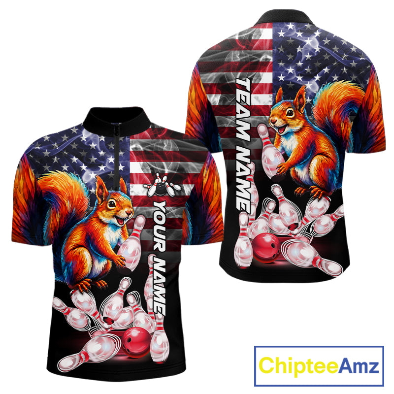 Smoke American Flag Squirrel Bowling Quarter Zip Shirt For Men Custom Patriotic Bowling Team Jersey