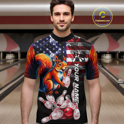 Man Wearing Smoke American Flag Squirrel Bowling Quarter Zip Shirt Front View Custom Bowling Jersey