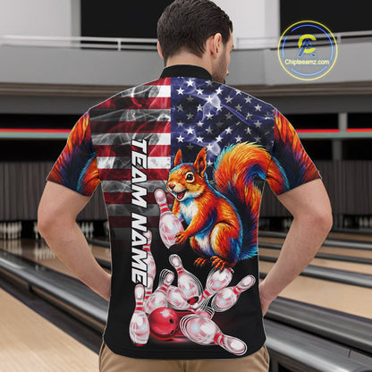 Man Wearing Smoke American Flag Squirrel Bowling Quarter Zip Shirt Back View Patriotic Bowling Team Jersey