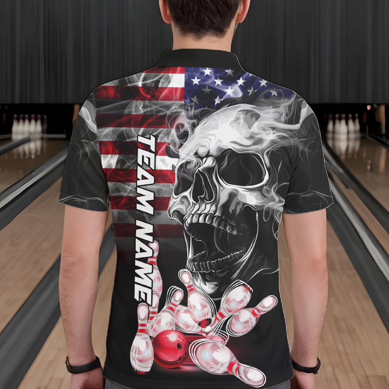 Man Wearing Smoke American Flag Skull Bowling Polo Shirt Back View Patriotic Bowling Team Jersey