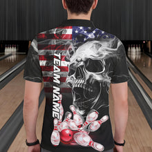 Load image into Gallery viewer, Man Wearing Smoke American Flag Skull Bowling Polo Shirt Back View Patriotic Bowling Team Jersey