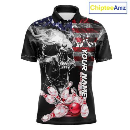 Smoke American Flag Skull Bowling Polo Shirt For Men Custom Patriotic Bowling Team Jersey Design