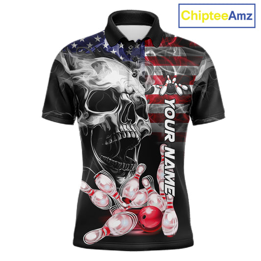 Smoke American Flag Skull Bowling Polo Shirt For Men Custom Patriotic Bowling Team Jersey Design