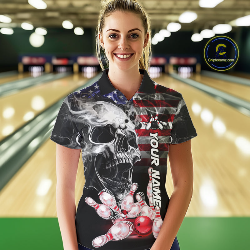 4. Woman Wearing Smoke American Flag Skull Bowling Polo Shirt Front View Custom Patriotic Bowling Jersey