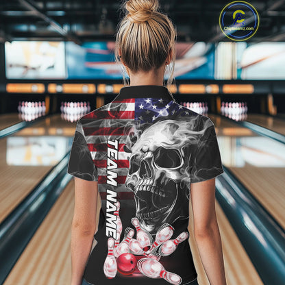 6. Woman Wearing Smoke American Flag Skull Bowling Polo Shirt Back View Patriotic Bowling Team Jersey