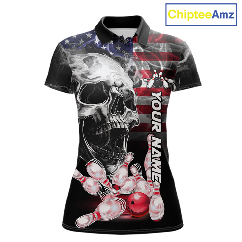 1. Smoke American Flag Skull Bowling Polo Shirt For Women Custom Patriotic Bowling Team Jersey Design