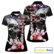 Load image into Gallery viewer, 2. Smoke American Flag Skull Bowling Custom Polo Shirt For Women Patriotic Bowling League Team Jersey