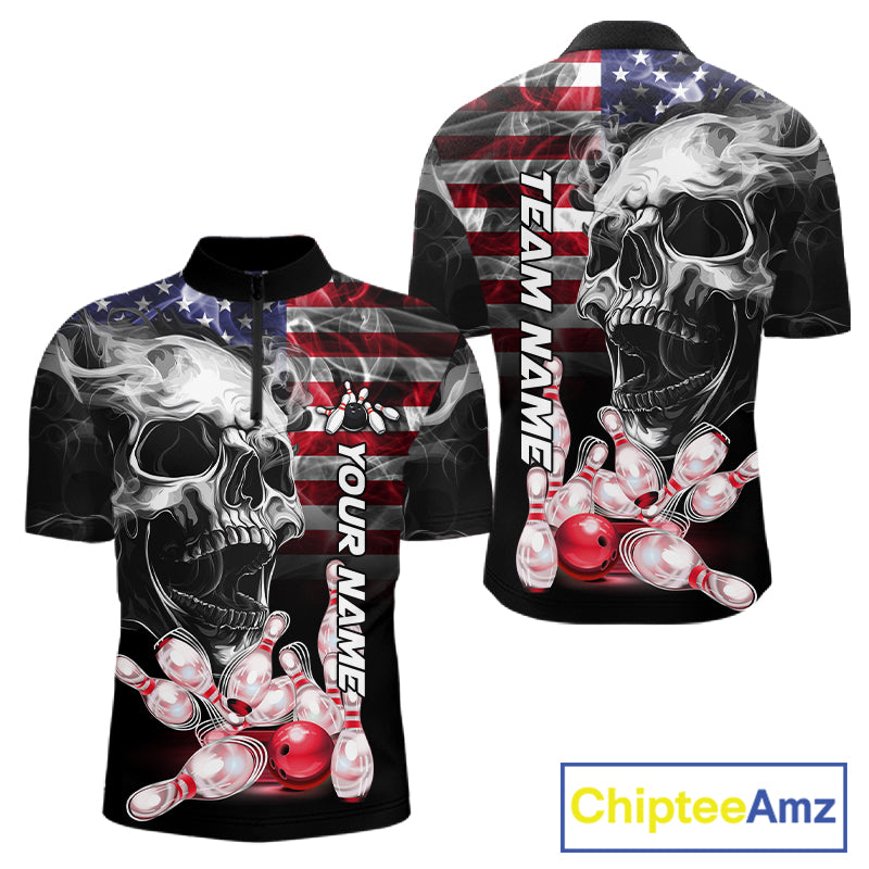 Smoke American Flag Skull Bowling Quarter Zip Shirt For Men Custom Patriotic Bowling Team Jersey