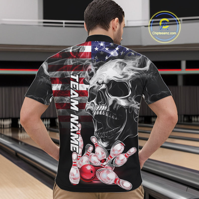 Man Wearing Smoke American Flag Skull Bowling Quarter Zip Shirt Back View Patriotic Bowling Team Jersey