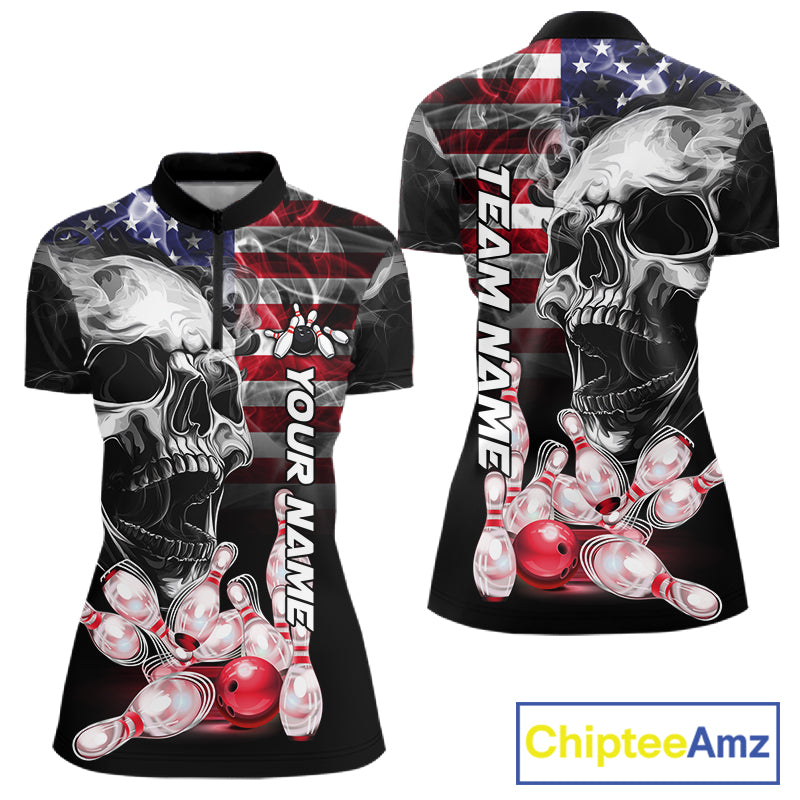 3. Smoke American Flag Skull Bowling Quarter Zip Shirt For Women Custom Patriotic Bowling Team Jersey