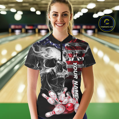 5. Woman Wearing Smoke American Flag Skull Bowling Quarter Zip Shirt Front View Custom Bowling Jersey