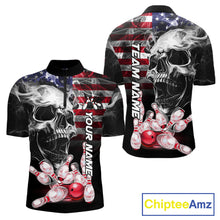Load image into Gallery viewer, Smoke American Flag Skull Bowling Quarter Zip Shirt For Men Custom Patriotic Bowling Team Jersey