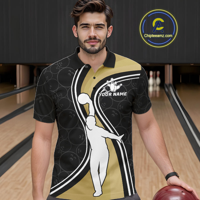 Man Wearing Black And Gold Retro Bowling Polo Shirt Front View Custom Bowling Jersey