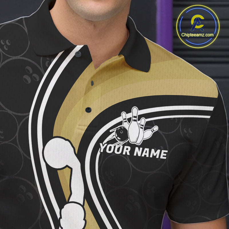 Close Up Of Black And Gold Retro Bowling Polo Shirt Collar Chest And Button Details