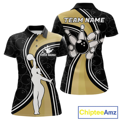 Black And Gold Retro Bowling Polo Shirt For Women Custom Bowling Team Jersey Design