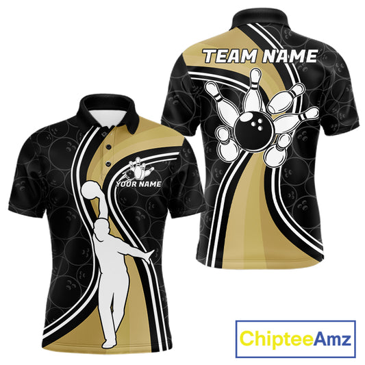Black And Gold Retro Bowling Polo Shirt For Men Custom Bowling Team Jersey Design