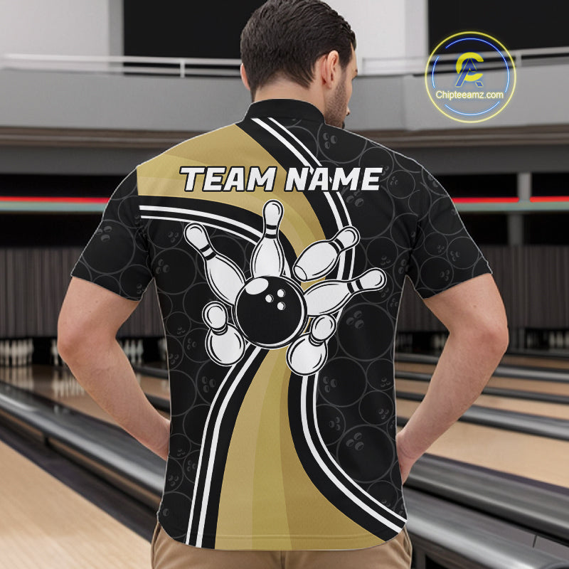 Man Wearing Black And Gold Retro Bowling Quarter Zip Shirt Back View Bowling Team Jersey