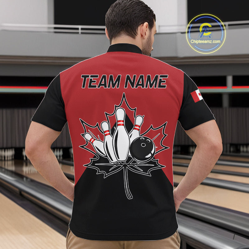 Man Wearing Canada Bowling Quarter Zip Shirt Back View Personalized Bowling Team Jersey