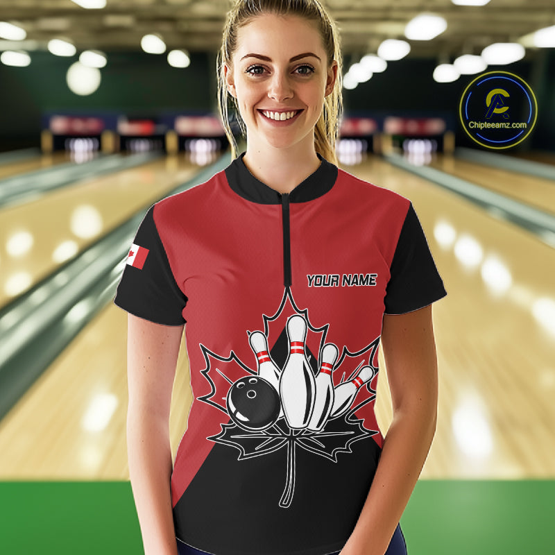 Woman Wearing Canada Bowling Quarter Zip Shirt Front View Custom Bowling Team Jersey
