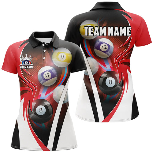 Personalized Billiard Tournament Shirts For Women Custom Team Name Billiard Balls Pool Jerseys | Red TDM2469