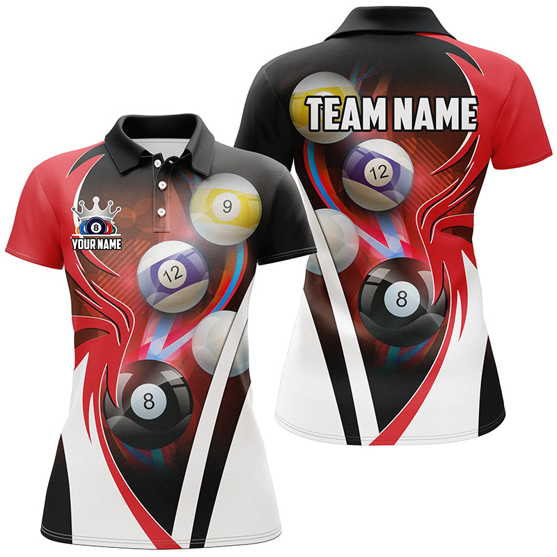 Personalized Billiard Tournament Shirts For Women Custom Team Name Billiard Balls Pool Jerseys | Red TDM2469