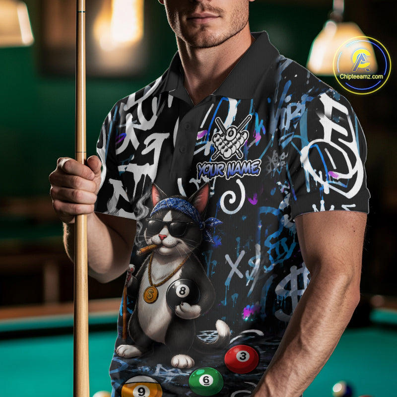 Colorful Graffiti Funny Cat 8 Ball Billiard Shirt For Men Custom Pool Team Jersey Polo & 1/4 Zip TDM7491