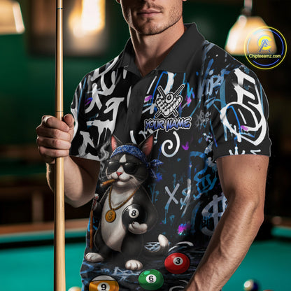 Colorful Graffiti Funny Cat 8 Ball Billiard Shirt For Men Custom Pool Team Jersey Polo & 1/4 Zip TDM7491