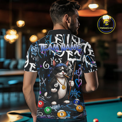 Colorful Graffiti Funny Cat 8 Ball Billiard Shirt For Men Custom Pool Team Jersey Polo & 1/4 Zip TDM7491