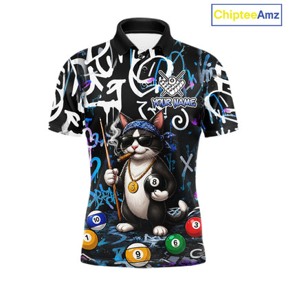 Colorful Graffiti Funny Cat 8 Ball Billiard Shirt For Men Custom Pool Team Jersey Polo & 1/4 Zip TDM7491