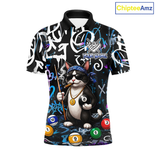 Colorful Graffiti Funny Cat 8 Ball Billiard Shirt For Men Custom Pool Team Jersey Polo & 1/4 Zip TDM7491