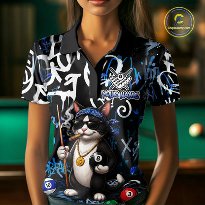 Colorful Graffiti Funny Cat 8 Ball Billiard Shirt For Women Custom Pool Team Jersey Polo & 1/4 Zip TDM7491