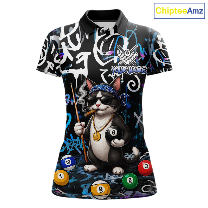 Colorful Graffiti Funny Cat 8 Ball Billiard Shirt For Women Custom Pool Team Jersey Polo & 1/4 Zip TDM7491