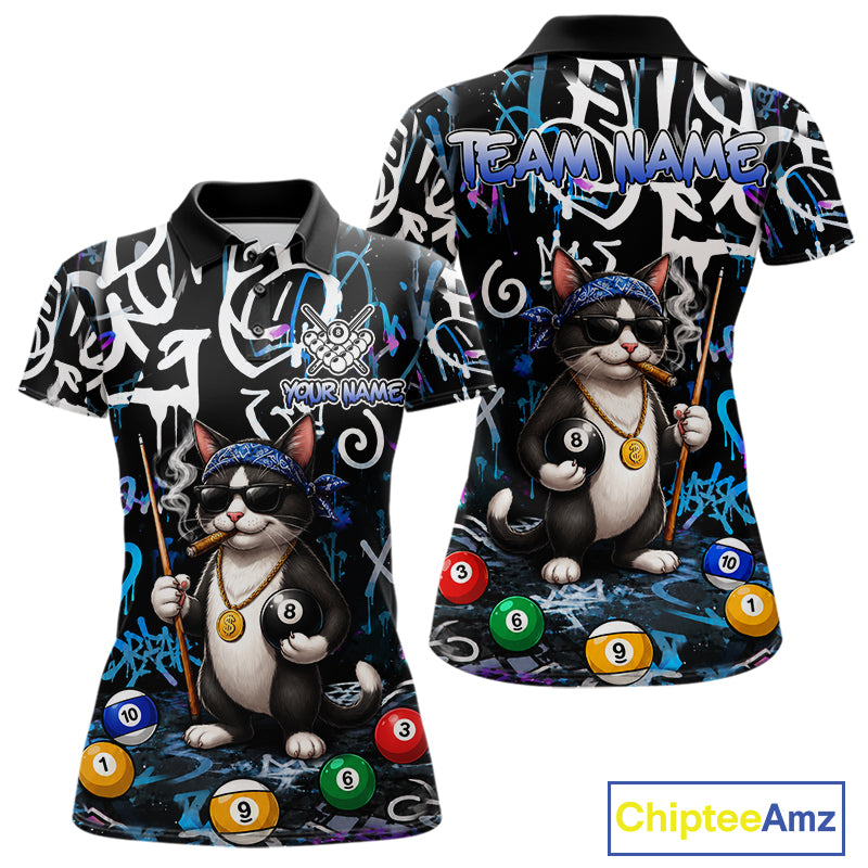 Colorful Graffiti Funny Cat 8 Ball Billiard Shirt For Women Custom Pool Team Jersey Polo & 1/4 Zip TDM7491