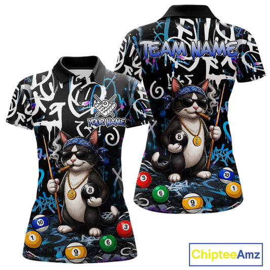 Colorful Graffiti Funny Cat 8 Ball Billiard Shirt For Women Custom Pool Team Jersey Polo & 1/4 Zip TDM7491