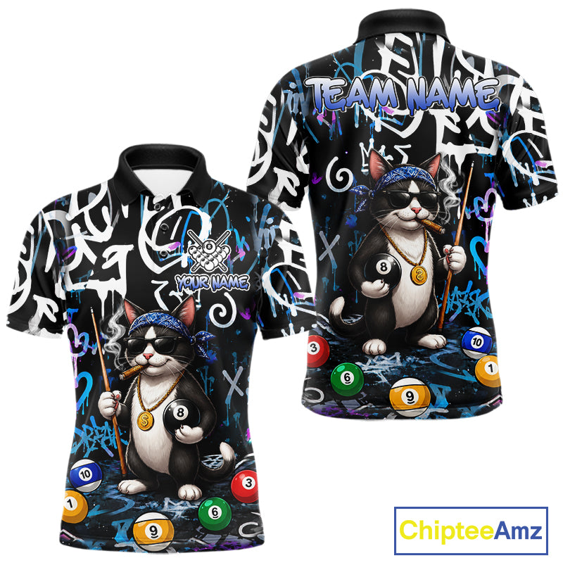 Colorful Graffiti Funny Cat 8 Ball Billiard Shirt For Men Custom Pool Team Jersey Polo & 1/4 Zip TDM7491