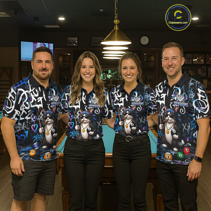 Colorful Graffiti Funny Cat 8 Ball Billiard Shirt For Men Custom Pool Team Jersey Polo & 1/4 Zip TDM7491