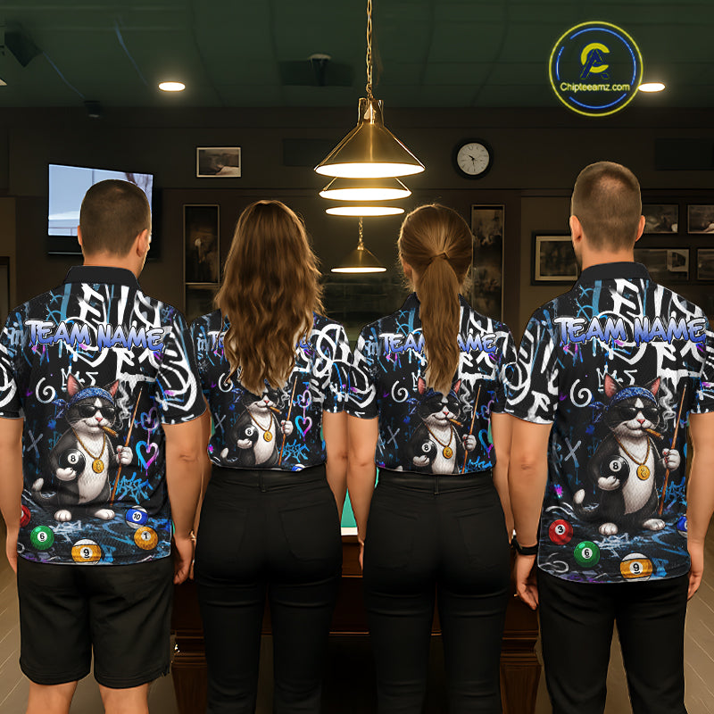 Colorful Graffiti Funny Cat 8 Ball Billiard Shirt For Men Custom Pool Team Jersey Polo & 1/4 Zip TDM7491