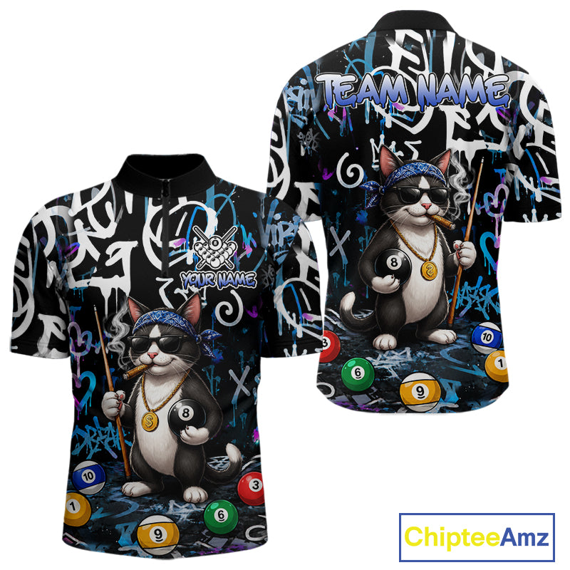 Colorful Graffiti Funny Cat 8 Ball Billiard Shirt For Men Custom Pool Team Jersey Polo & 1/4 Zip TDM7491