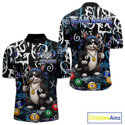 Colorful Graffiti Funny Cat 8 Ball Billiard Shirt For Men Custom Pool Team Jersey Polo & 1/4 Zip TDM7491