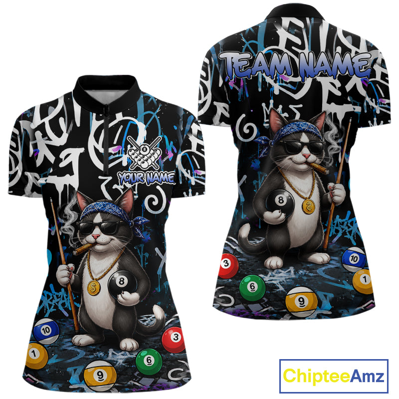 Colorful Graffiti Funny Cat 8 Ball Billiard Shirt For Women Custom Pool Team Jersey Polo & 1/4 Zip TDM7491