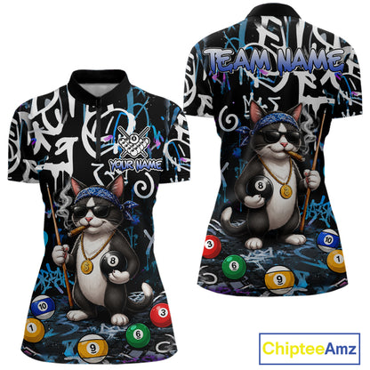 Colorful Graffiti Funny Cat 8 Ball Billiard Shirt For Women Custom Pool Team Jersey Polo & 1/4 Zip TDM7491
