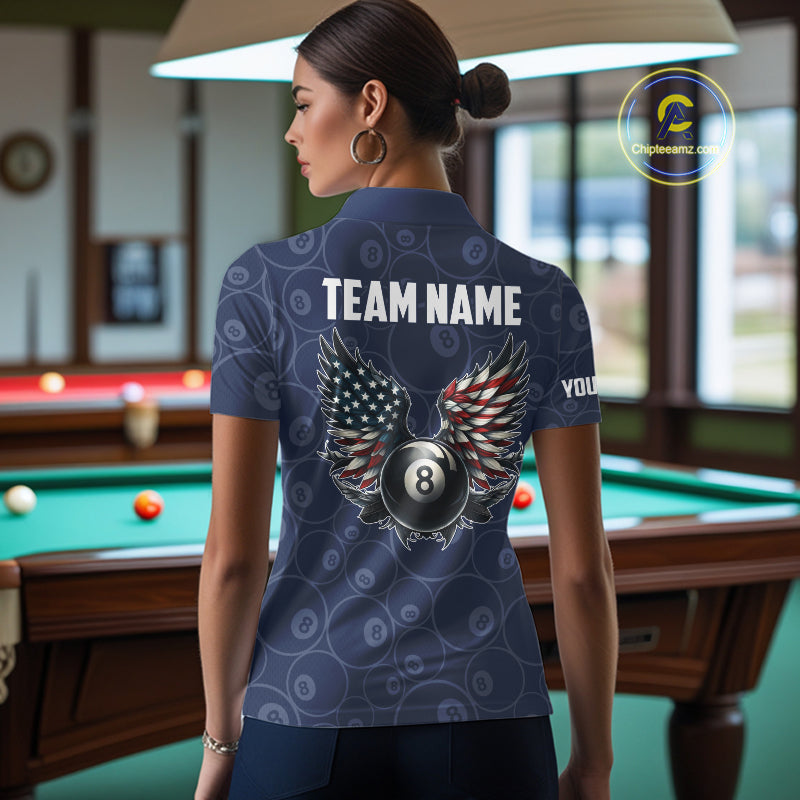 Navy Blue Grunge 8 Ball Wings American Flag Billiard Shirts For Women Custom Patriotic Pool Jersey TDM7833