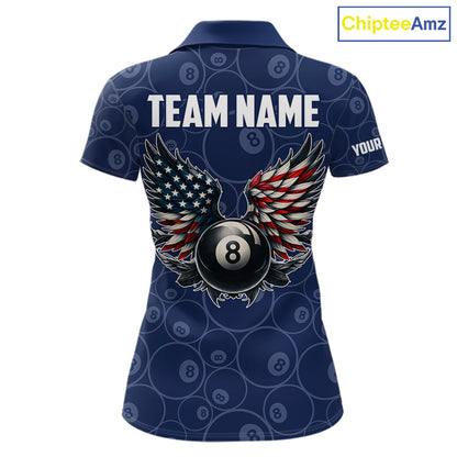Navy Blue Grunge 8 Ball Wings American Flag Billiard Shirts For Women Custom Patriotic Pool Jersey TDM7833