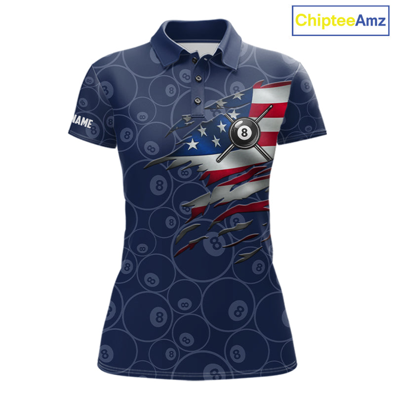 Navy Blue Grunge 8 Ball Wings American Flag Billiard Shirts For Women Custom Patriotic Pool Jersey TDM7833
