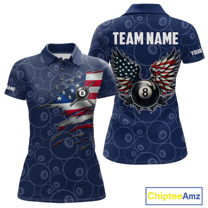 Navy Blue Grunge 8 Ball Wings American Flag Billiard Shirts For Women Custom Patriotic Pool Jersey TDM7833