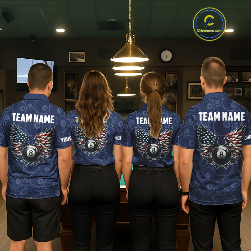 Navy Blue Grunge 8 Ball Wings American Flag Billiard Shirts For Women Custom Patriotic Pool Jersey TDM7833
